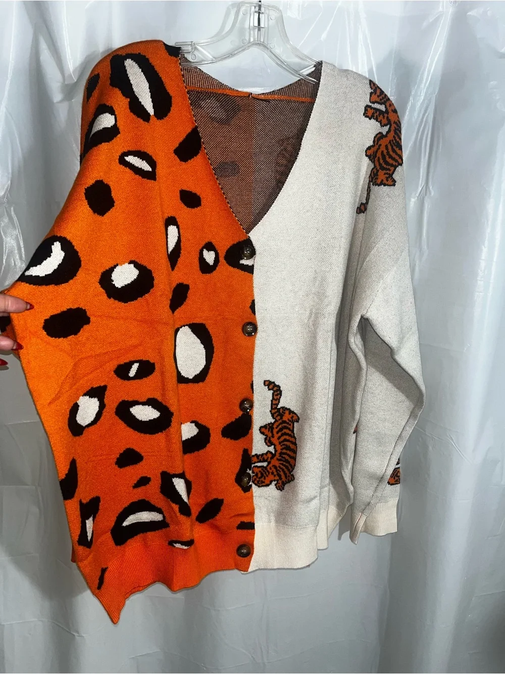 Orange and Cream Leopard-Tiger Button Down Cardigan Sweater - Women